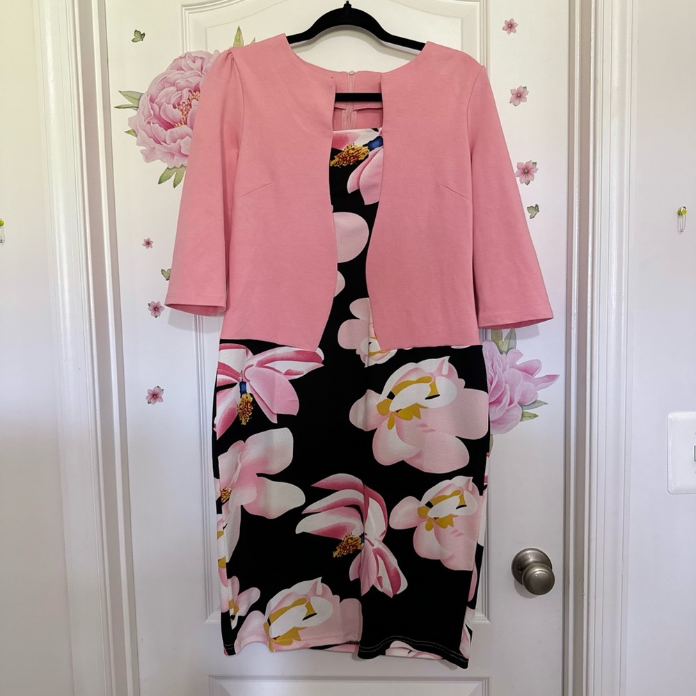 Pink Floral Midi Sheath Dress